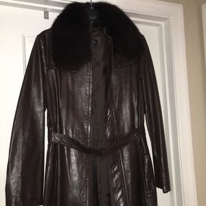 LORD & TAYLOR REAL LEATHER STRUCTURED TRENCH w REMOVABLE REAL FUR COLLAR…